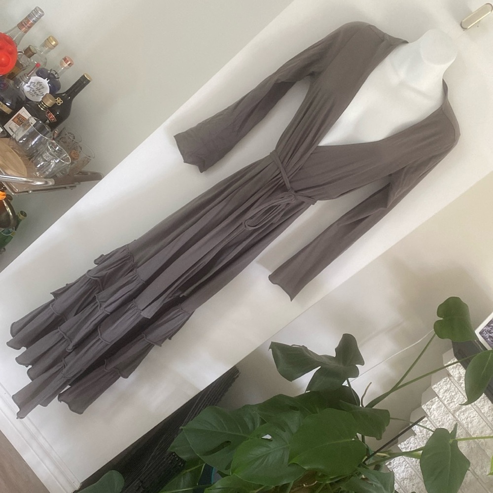 SKIN Worldwide ORGANIC PIMA COTTON long ROBE RUFFLES DRESSING gown 1/S grey gray